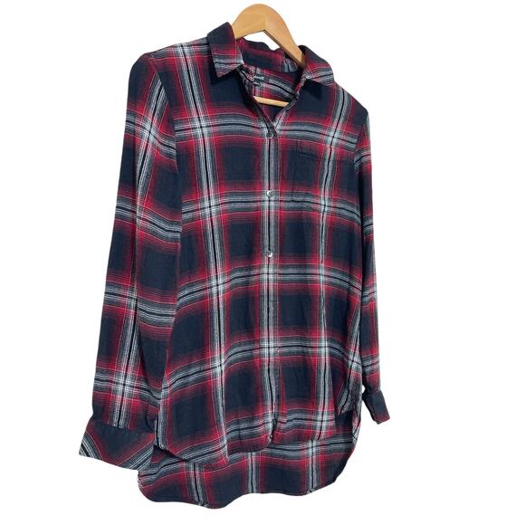 Madewell Women's Small Black Red Plaid Long Sleeve Button Up Hi low Blouse Top - Picture 2 of 4